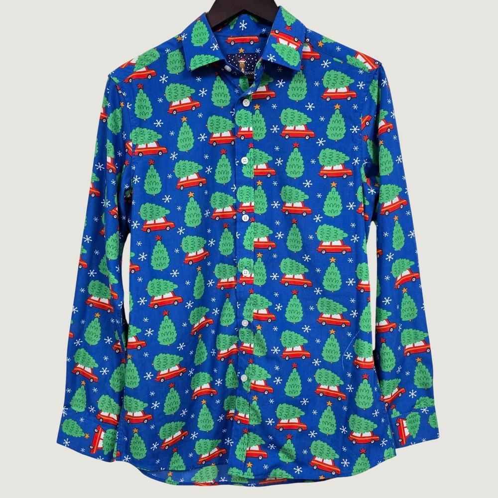Simon Banks Christmas Tree Car Shirt Mens‎ Small Blue Holiday Festive Novelty